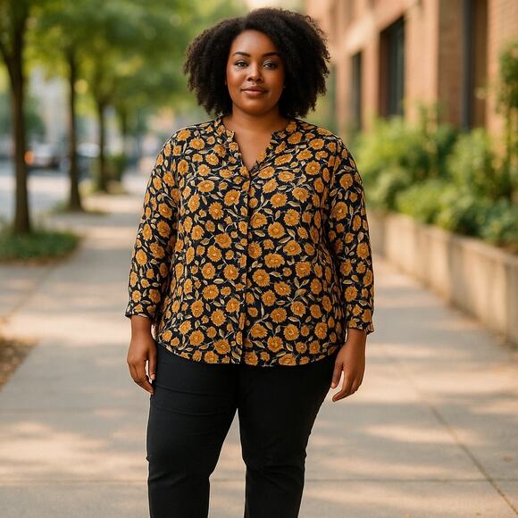 Women’s Boho Plus Size  Rayon Blouse Floral Black 2XL - Picture 1 of 8